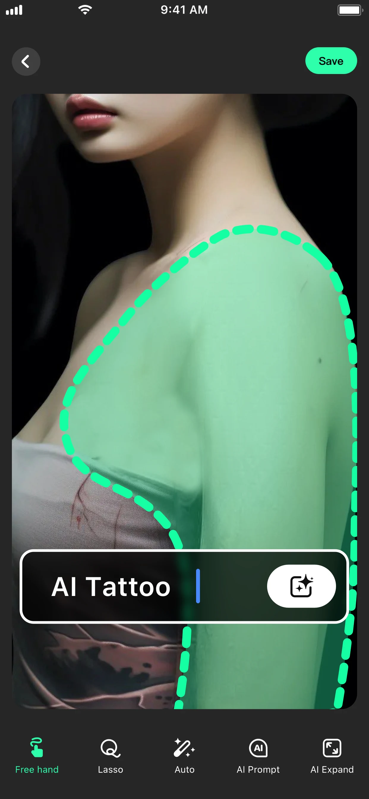 Current App Store artwork showing a separate photo selection, AI Tattoo prompt and editing tools