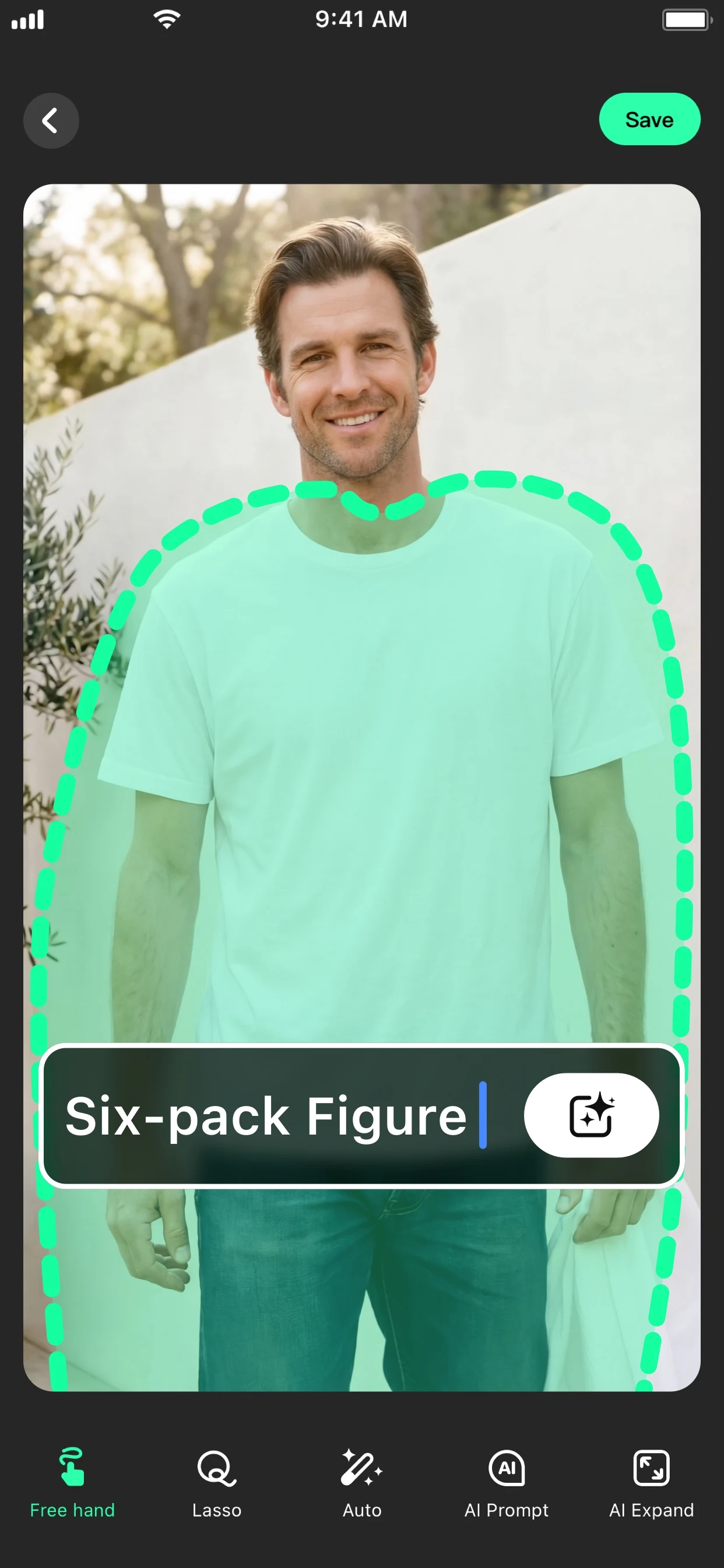 Current App Store artwork showing the real AI Fill selection toolbar, green selection mask and prompt field