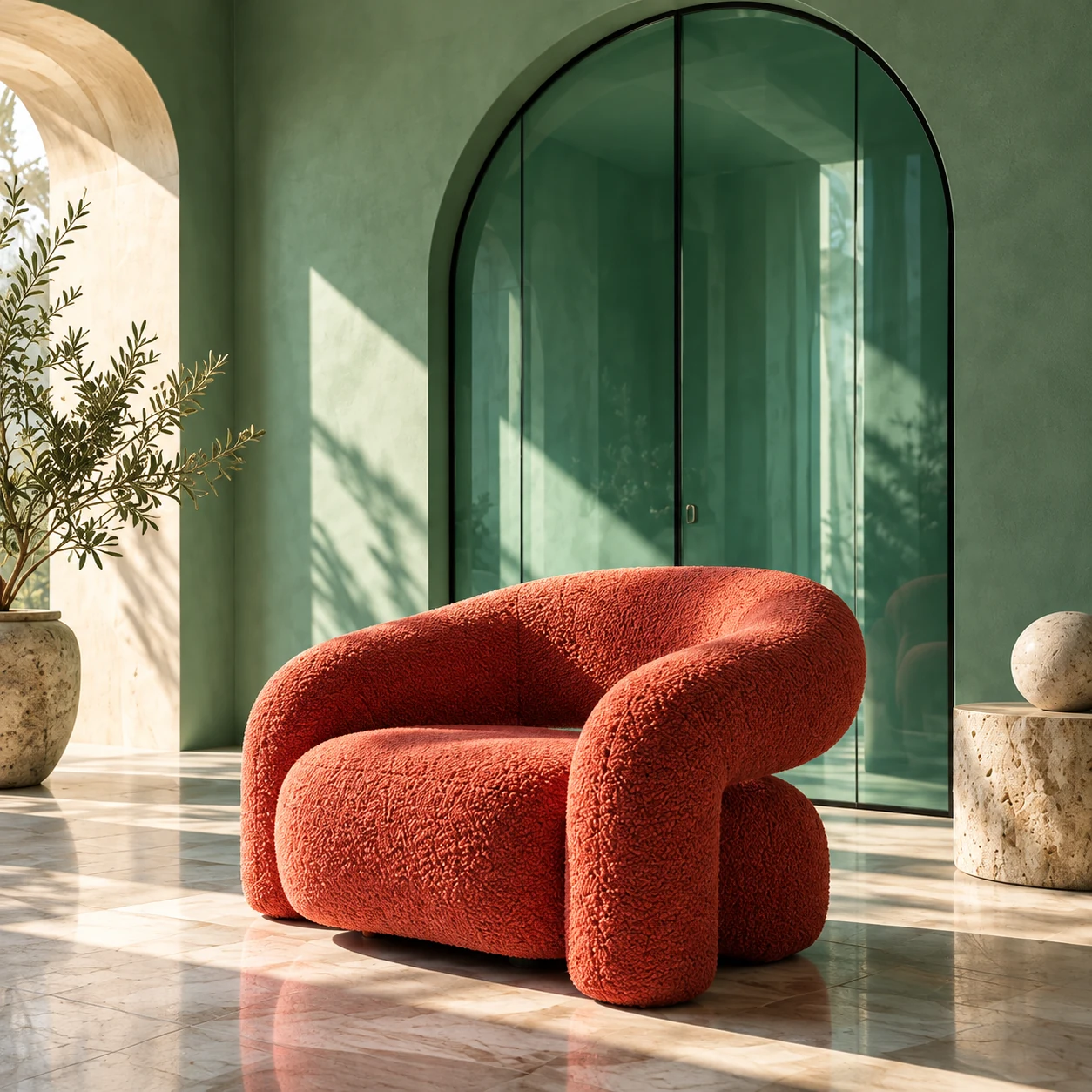 A coral armchair in a mint glass-arched room, an editorial creative illustration